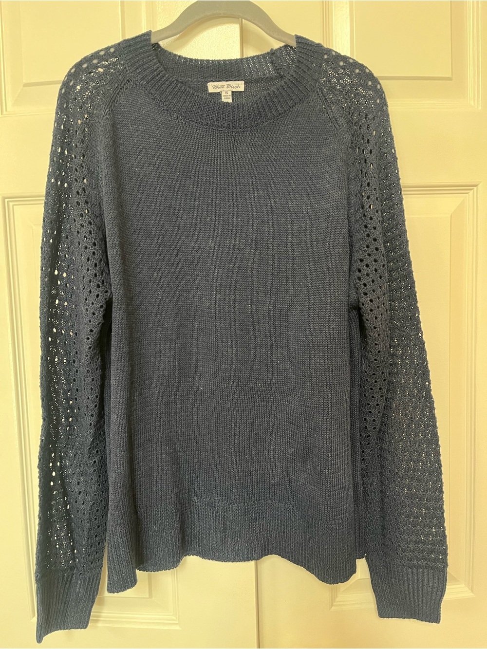 white birch Navy Crewneck Sweater with Open-Stitch Sleeves
